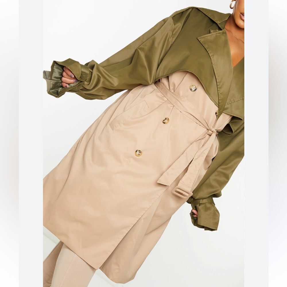 NEW Prettylittlething Khaki Contrast Oversized Midi Trench Coat Women’s 4